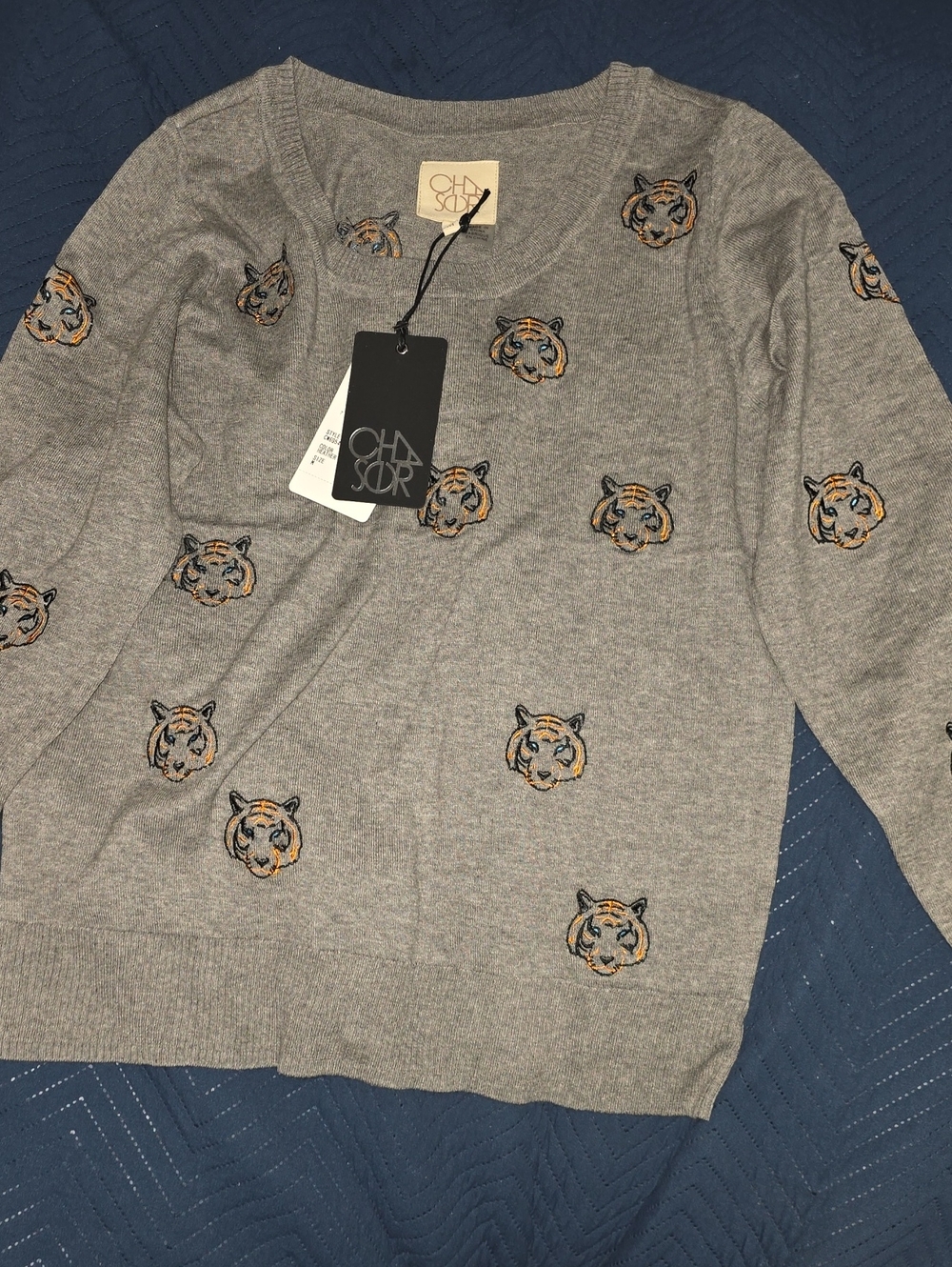 Chaser Gray Sweater with Embroidered Tiger Motifs